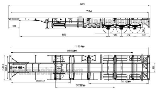 Drawing of Tri Axle Chassi Trailer with 45Ft