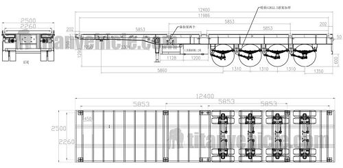 Drawing of 4 Axle Flatbed Semi Trailer